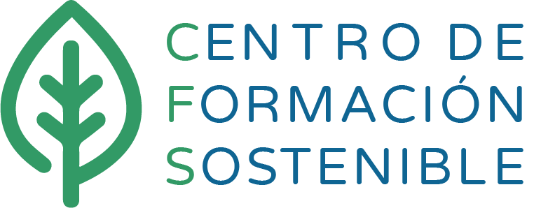 Logotipo del Centro de Formación Sostenible con una hoja estilizada a la izquierda. Texto en azul y verde.