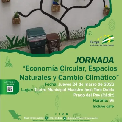 Cartel de jornada sobre economía circular y cambio climático, 24 de marzo de 2022, en Cádiz. Incluye café.