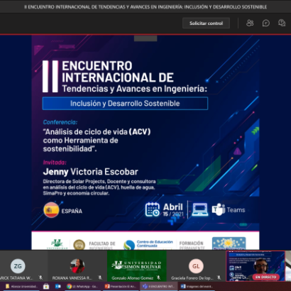 Conferencia virtual sobre análisis de ciclo de vida en ingeniería sostenible, presentada por Jenny Victoria Escobar.