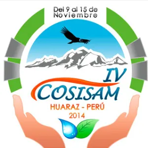 Logo del IV COSISAM 2014 en Huaraz, Perú, con montañas, un cóndor, hojas y manos. Fecha: 9 al 15 de noviembre.