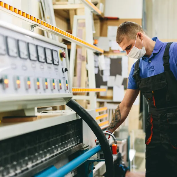 Trabajador enmascarado operando maquinaria en un taller de carpintería. Lleva uniforme y tiene tatuajes visibles en el brazo.