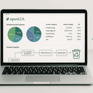 Pantalla de laptop mostrando gráficos y procesos del software openLCA sobre impactos ambientales. Iconos de fábrica y casa.