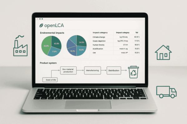 Pantalla de laptop mostrando gráficos y procesos del software openLCA sobre impactos ambientales. Iconos de fábrica y casa.