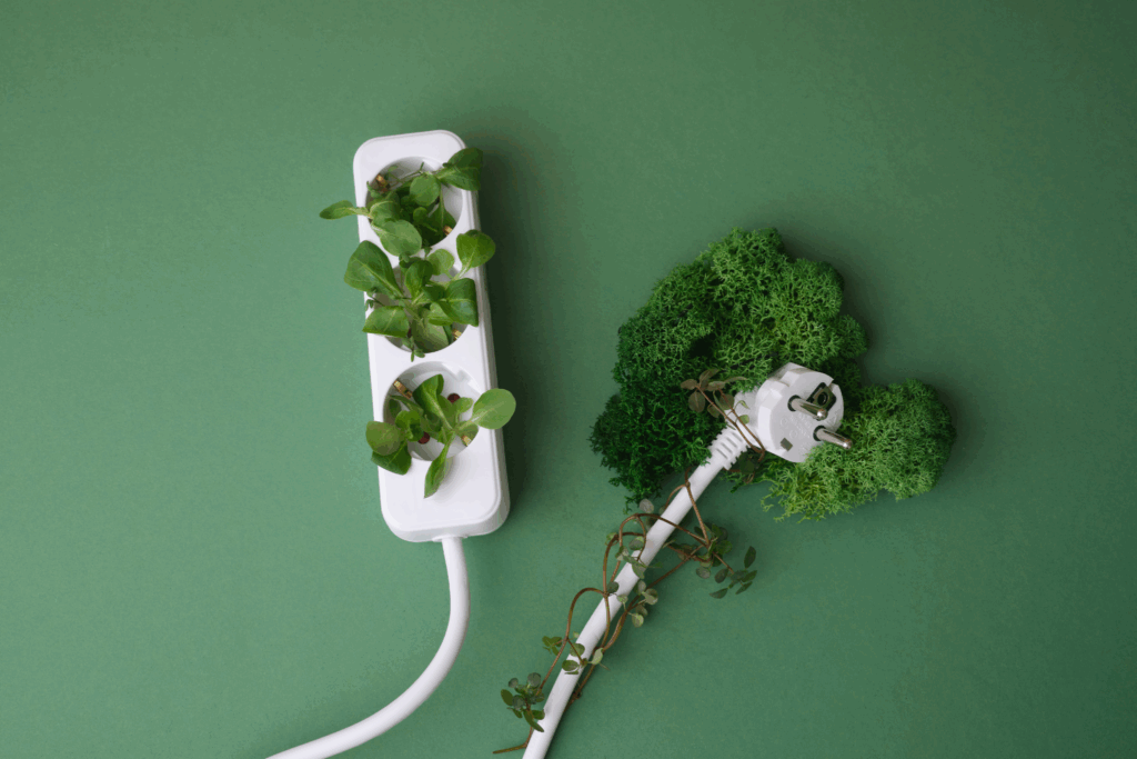Enchufe y alargador con plantas verdes en lugar de electricidad, sobre fondo verde. Simboliza ahorro energético.