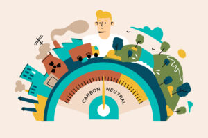 Ilustración de un medidor de carbono neutral, con fábricas y naturaleza en ambos lados.