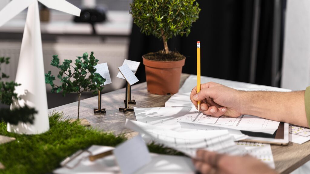 Persona escribiendo en papeles junto a modelos de aerogenerador, árboles y paneles solares sobre una mesa.