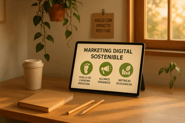 Tablet en una mesa de madera con texto "Marketing Digital Sostenible" y tres iconos. Plantas y ventana al fondo.