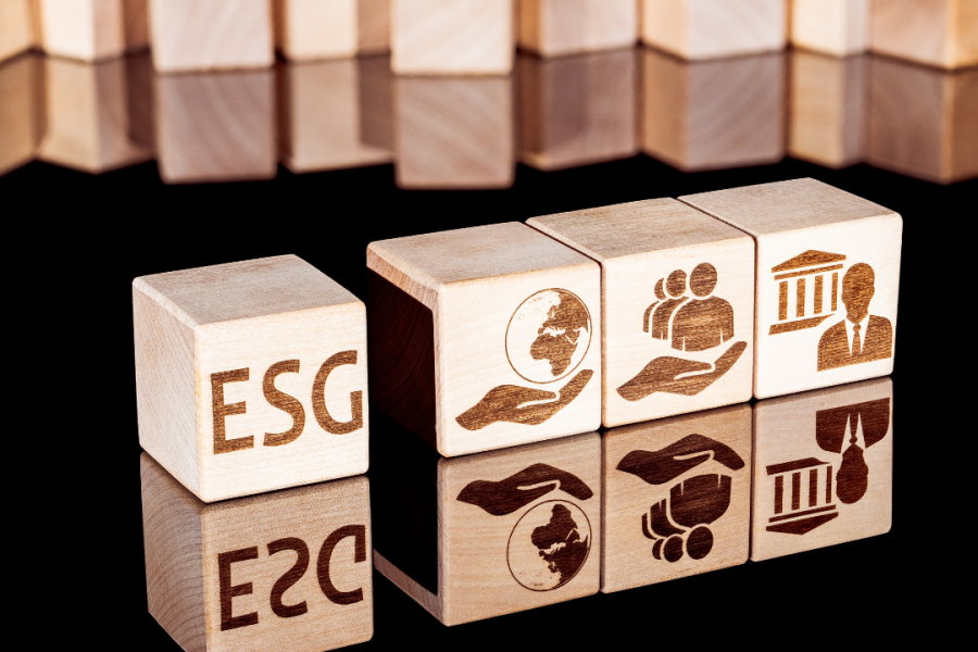 Curso-ESG Bloques de madera con símbolos de sostenibilidad y las letras "ESG", reflejados sobre una superficie brillante.