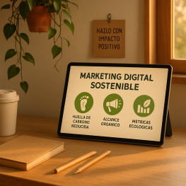 Tablet en una mesa de madera con texto "Marketing Digital Sostenible" y tres iconos. Plantas y ventana al fondo.